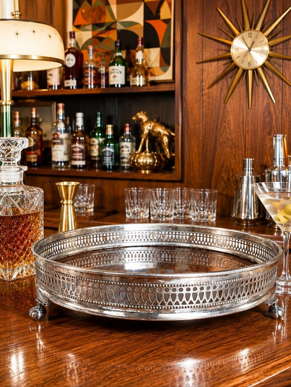 Vintage Sheffield Silver Plated Wood Grain Formica Bar Cocktail Tray MCM Vintage